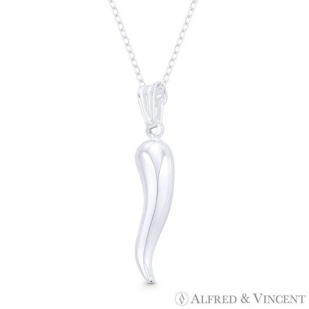 Italian Horn Corno Evil Eye Luck Charm 34mm Pendant In .925 Sterling Silver